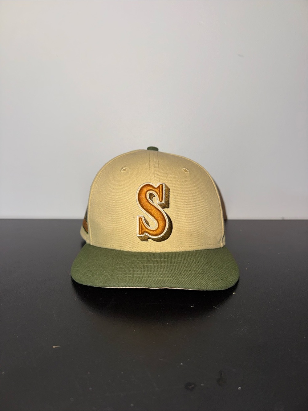 New Era Beige and Olive Two-Tone Baseball Cap with 'S' Patch